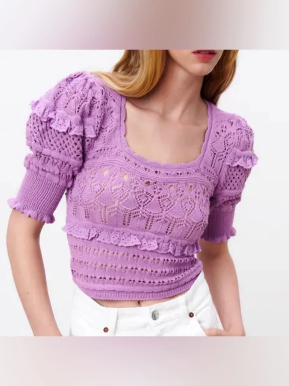 Zara Pointelle Knit Crochet Sweater Top Puff Ruffle Sleeve Lavender S Coquette
